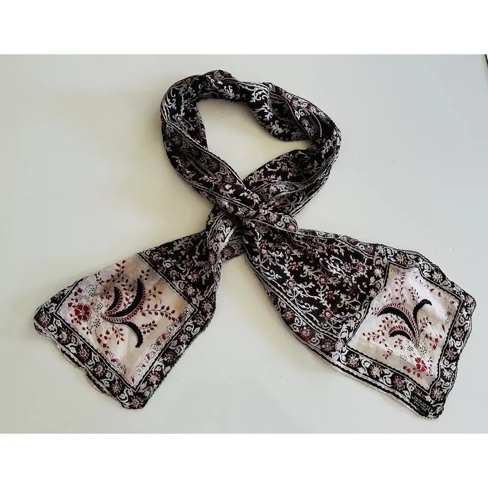Vtg India 100% Silk Paisley and Floral Long Scarf Cream Black Red Elegant Glam